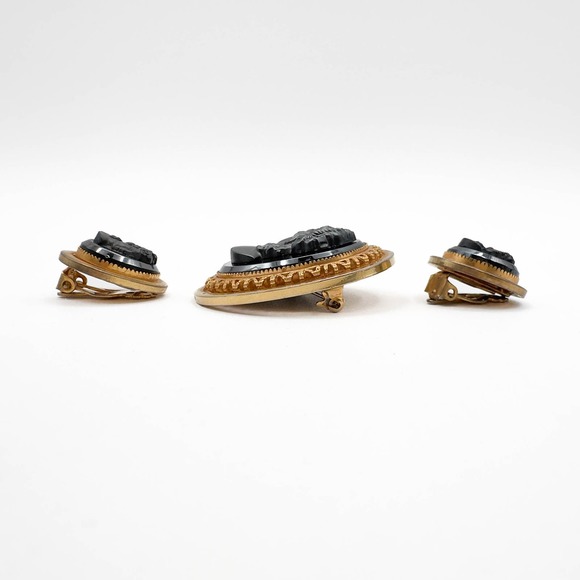 Vintage Hematite Cameo Intaglio Brooch And Clip On Earrings Set W German Style - Picture 11 of 13